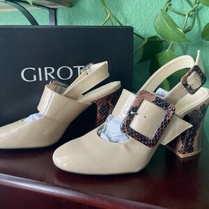 Girotti Beige Slingback Heels with Snakeskin Buckle